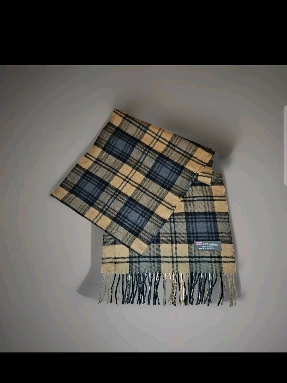 100% Cashmere Made in Scotland Neutral Plaid Cozy Soft Scarf Wrap With Fringe